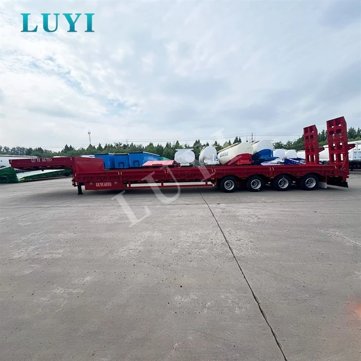 80T 4 Axles Low Flatbed Semi Trailer With Hydraulic Ramps factory